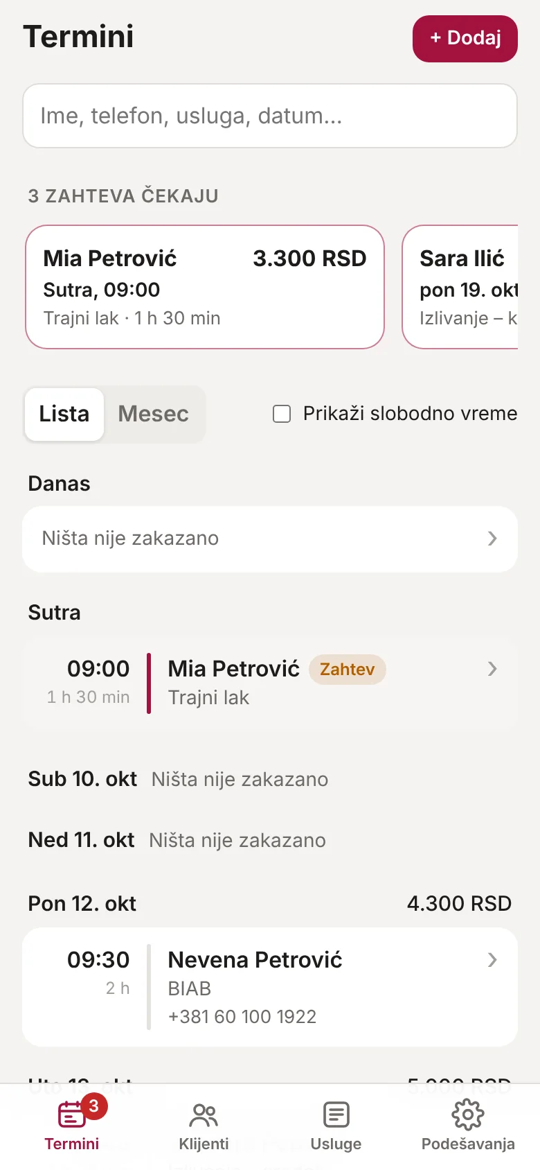 Termini: zahtevi koji čekaju i dani sa zakazanim terminima