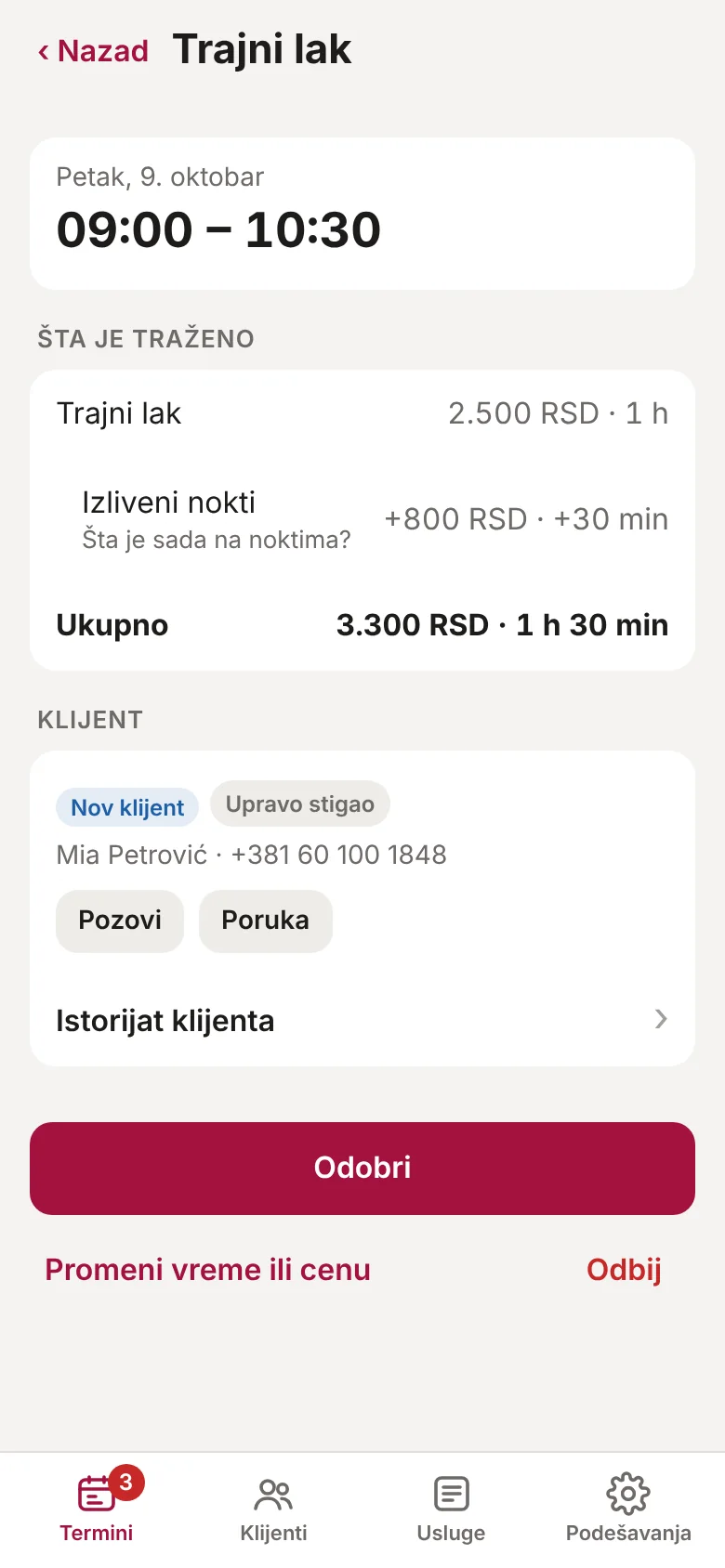 Zahtev u Frontdesk-u: vreme, usluga, ukupna cena, istorijat klijenta i dugme Odobri