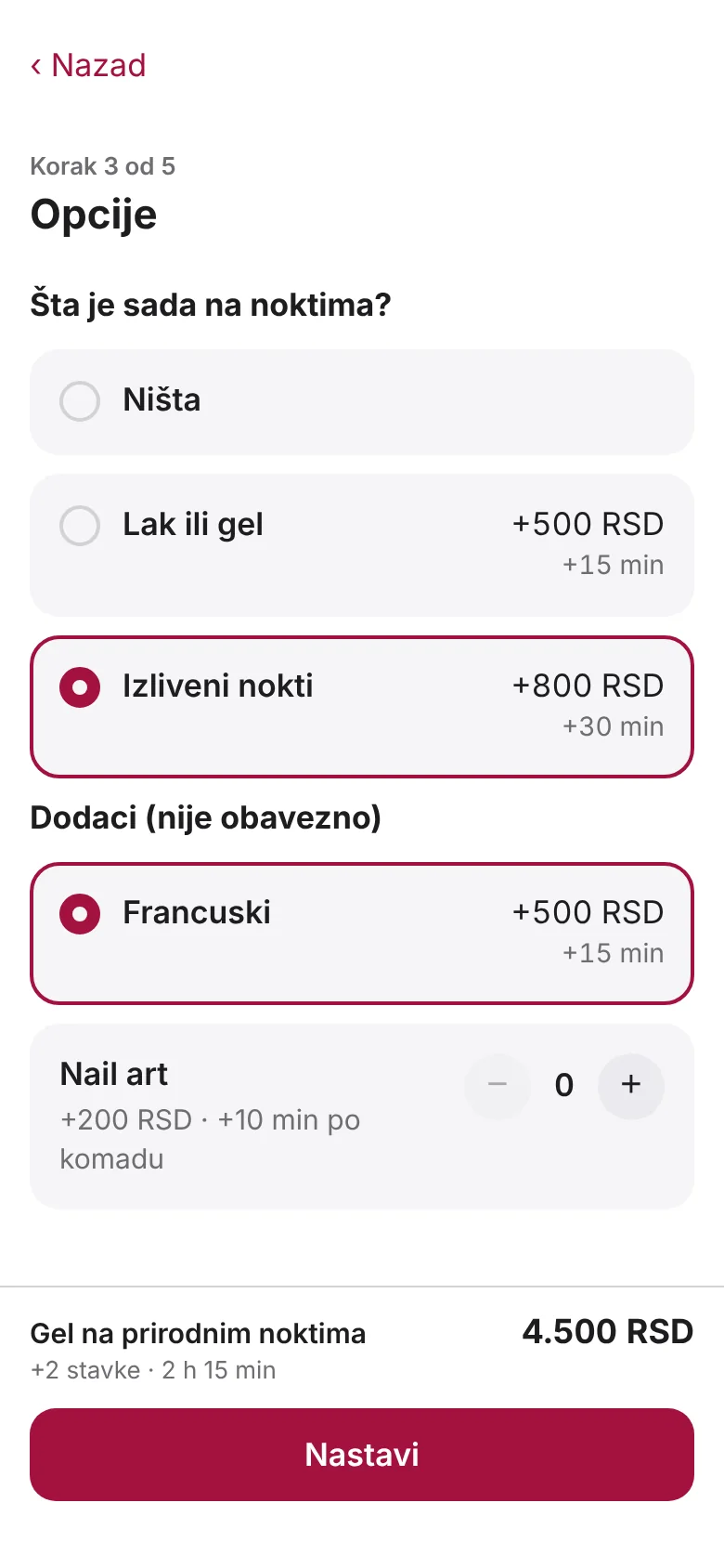 Izbor opcija usluge sa cenom i trajanjem