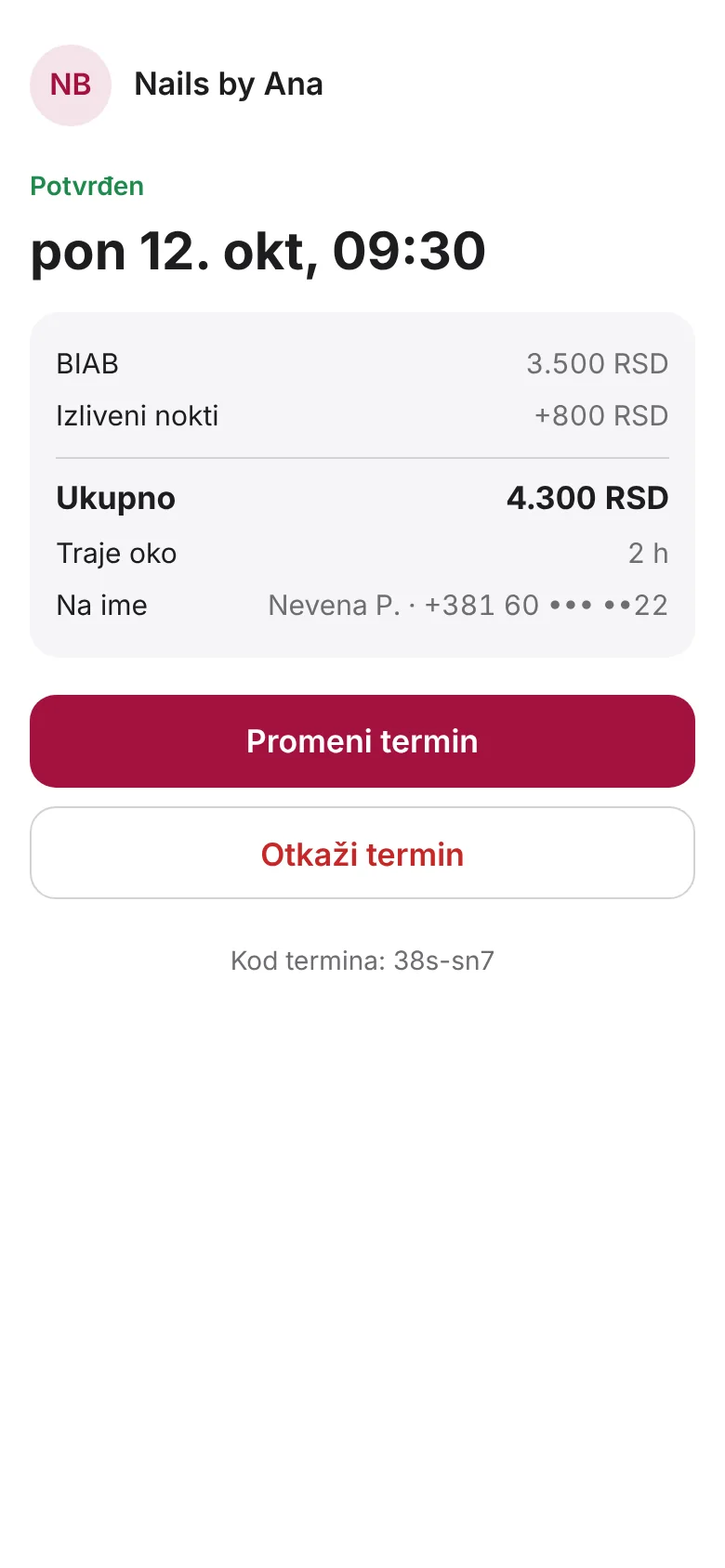 Stranica termina sa statusom, sakrivenim imenom i brojem